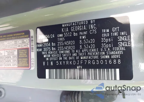 2024 Kia Sorento X-Line Sx z USA, uszkodzony, nr VIN 5XYRKDJF7RG301688